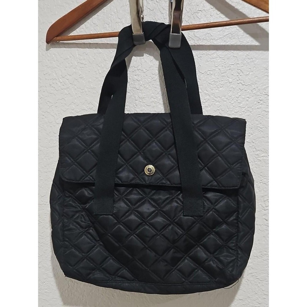 Black Quilted Tote Bag with Flap Gold Snap Closure and Webbed Handles